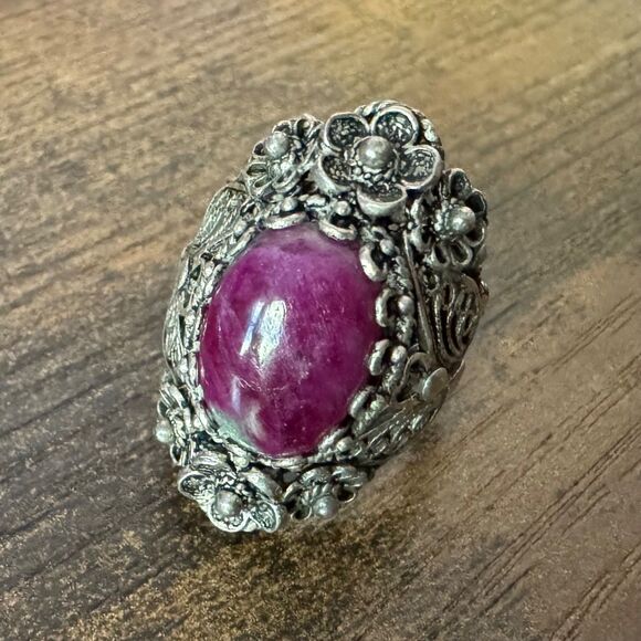 Vintage Sterling Silver Filigree Ring Size 8.5 DGS 925 Turkey Ruby Zoisite Cab - Picture 10 of 16